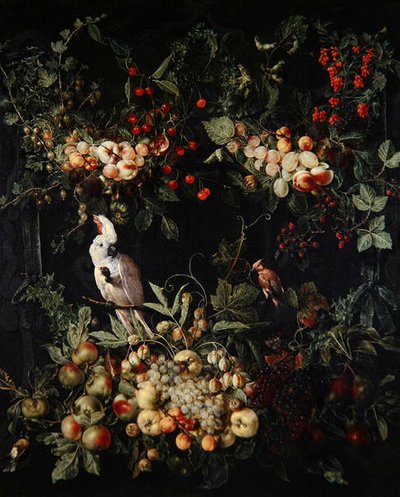 果実と花のスワッグ、スルファークリステッドオウムのカルトゥーシュ（油彩・キャンバス 作： Jan van (attr. to) Kessel