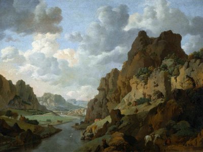 オランダ語：休憩する旅行者と山の風景 ロッキー山脈の風景。 作： Jan van Aken