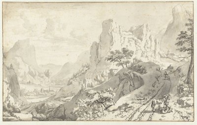 道路上の旅行者と山の風景 作： Jan van Aken