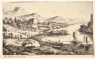 旅人のいる川の風景、th. バージ 1 隻と帆用ディンギー 2 隻 作： Jan van Almeloveen