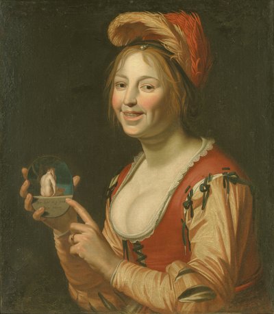 後ろから見た裸の女性の小さな写真を見せて笑う女の子 作： Jan van Bijlert