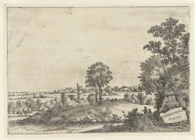未舗装の道路に 2 人の男性がいる風景と村の景色 風景（シリーズタイトル） 作： Jan van Brosterhuyzen