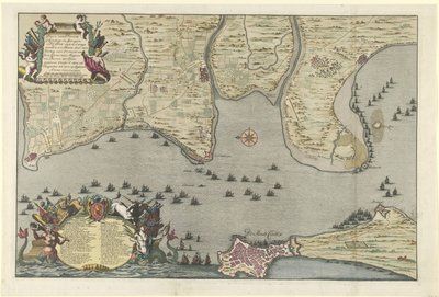 1702年のカディスでの連合軍の上陸と遠征の地図 8月26日から8月26日までオーモント公と少将とバロン・デ・スパー・シーダートによって行われたカンプメントとマルスを伴う、カディクスのためのディスサンテまたはスパンジエンへの着陸の計画 作： Jan van Call (I)