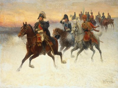ロシア戦役中のネイ元帥とナポレオンとその軍隊（キャンバスに油彩） 作： Jan van Chelminski