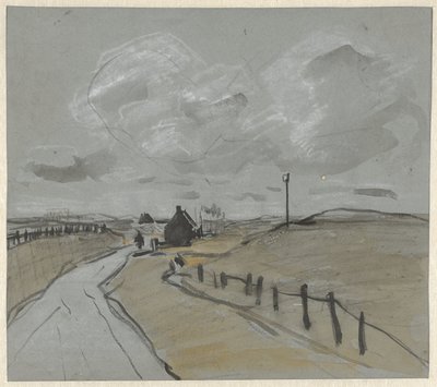 高い縁とフェンスのある道路に沿って見る 作： Jan van Essen