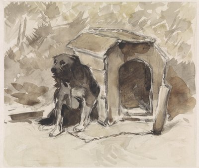 犬小屋の前でひもにつないで座っている犬 作： Jan van Essen
