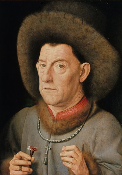 カーネーションと聖アントニウス騎士団（オークの油）を持つ男の肖像 作： Jan van Eyck