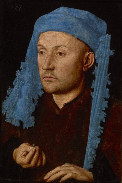 青いシャペロンを持つ男の肖像（指輪を持つ男）」1429年頃（木に油彩 作： Jan van Eyck