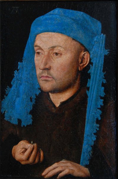 リングを持つ青いシャペロンを持つ男の肖像 作： Jan van Eyck