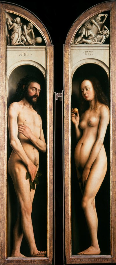 ゲントの祭壇画。 神秘的な子羊の礼拝: アダムとイブ、1432 年。 作： Jan van Eyck