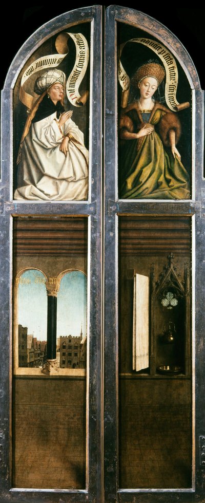 ゲントの祭壇画。 神秘的な子羊の礼拝: 眺めの良いアーチ型の窓..., 1432. 作： Jan van Eyck