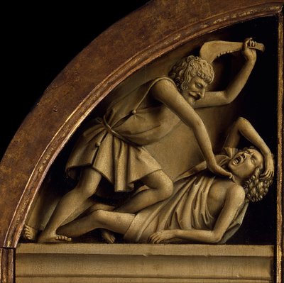 ゲントの祭壇画。 神秘の子羊の崇拝: カインはアベルを殺す, 1432. 作： Jan van Eyck