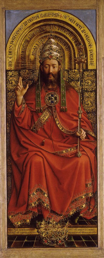 ゲントの祭壇画。 神秘的な子羊の崇拝：全能の神、1432年。 作： Jan van Eyck