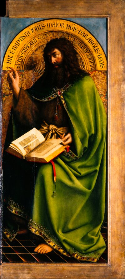 ゲントの祭壇画。 神秘的な子羊の崇拝：洗礼者ヨハネ、1432年。 作： Jan van Eyck