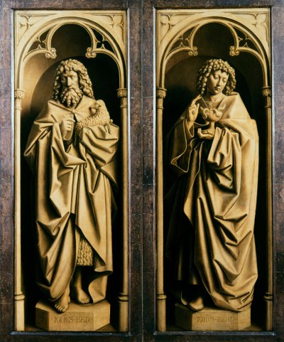 ゲントの祭壇画。 神秘的な子羊の崇拝：洗礼者ヨハネと伝道者ヨハネ、1432年。 作： Jan van Eyck