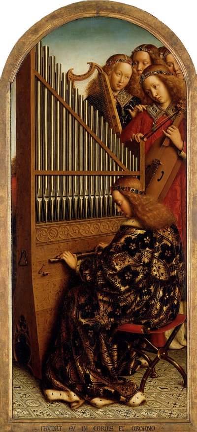 ゲントの祭壇画。 神秘的な子羊の崇拝：音楽を作る天使、1432年。 作： Jan van Eyck