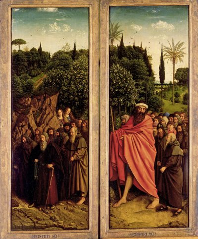ゲントの祭壇画。 神秘的な子羊の崇拝：聖なる隠者と聖なる巡礼者、1432年。 作： Jan van Eyck