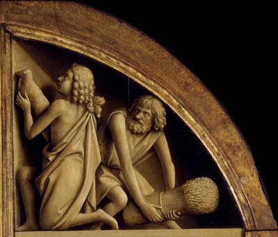ゲントの祭壇画。 神秘の子羊の崇拝：カインとアベルの犠牲、1432年。 作： Jan van Eyck