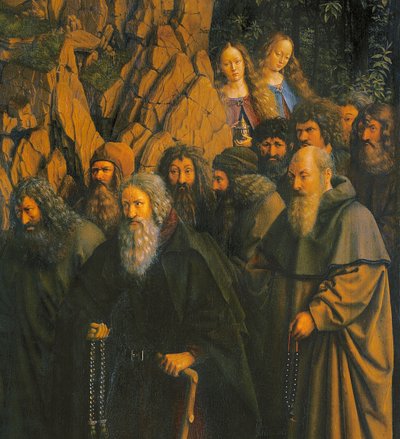 ゲントの祭壇画の右側から聖クリストファーに導かれる隠者たち 作： Jan van Eyck