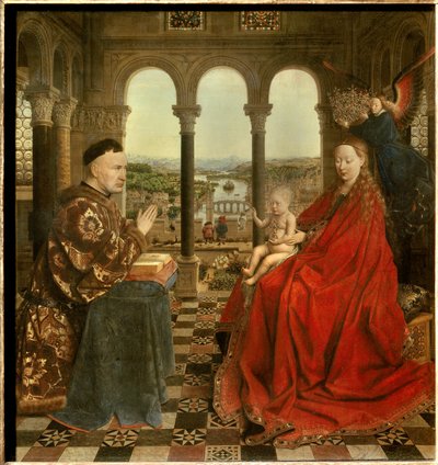 ロラン総長の聖母 ニコラ・ロラン（1376-1461）は、フィリップ・ル・ボンの下でブルゴーニュの総長を務め、1443年にはボーヌのホスピスを創設しました。ヤン・ファン・エイク（1390-1441）による絵画。15世紀の太陽。0.66x0.62 m パリ、-シャンクレールの聖母 R 作： Jan van Eyck
