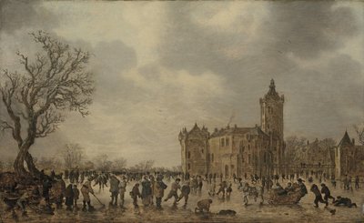モントフォールト城のそばで氷上デスポーツをする人物のいる冬景色 作： Jan van Goyen