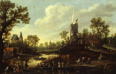 ドイツ語：Flusslandschaft mit Fähre フェリーのある川の風景 作： Jan van Goyen
