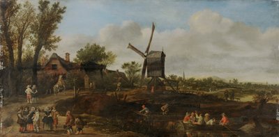 風車とボートのある川の風景 作： Jan van Goyen