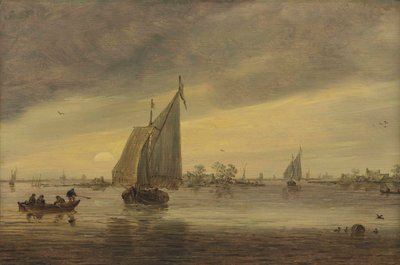 シュマルシップや他のボートとハールレマーメールの日の出 作： Jan van Goyen
