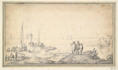 船で湾を見下ろす砂丘の 3 つの人物 作： Jan van Goyen