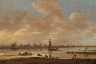ヴィアネンの聖ポルの塔と、川を渡った架空の町の眺め 作： Jan van Goyen