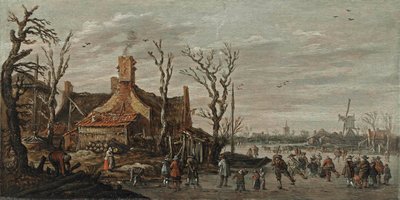 コテージ近くの氷の上に人影のある冬景色 作： Jan van Goyen
