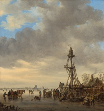凍った湖、アイススケーター、木製の展望塔のある冬景色 作： Jan van Goyen