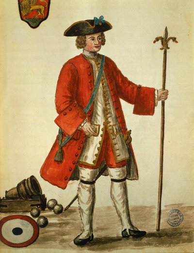 制服を着たヴェニツェン海軍の砲兵（Giovanni di Grevembroch（1731-1807）の『ヴェニツェンの衣装』より） 水彩画 作： Jan van Grevenbroeck