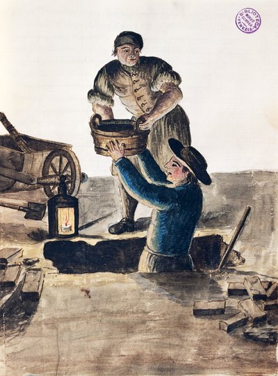 公共下水道の清掃、ヤン・グレーベンブルック（1731-1807）の「ヴェネツィア衣装図鑑」のイラスト、水彩、イタリア 作： Jan van Grevenbroeck