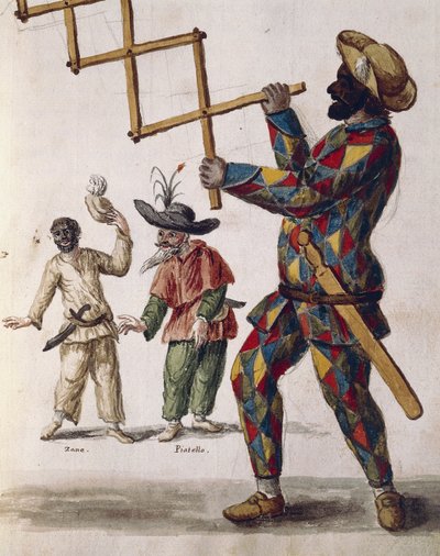 ハーレクイン（コメディア・デラルテのキャラクター）、ヤン・グレーベンブルック（1731-1807）の「ヴェネツィア衣装図鑑」の挿絵、水彩画、イタリア 作： Jan van Grevenbroeck