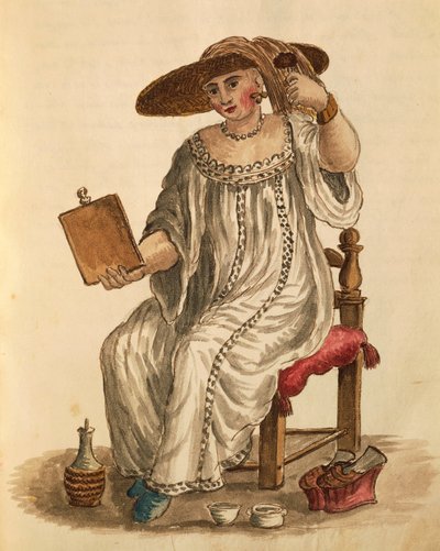 化粧をする女性、ヤン・ファン・グレーベンブロークまたはジョヴァンニ・グレーベンブローク（1731-1807）作、『Gli Abiti de Veneziani』、衣装の図鑑より、水彩画 作： Jan van Grevenbroeck