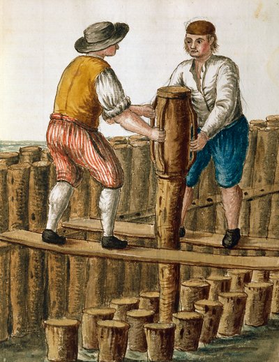 ヴェネチアン・ラグーンの基礎工事、ヤン・ファン・グレーベンブルック（1731-1807）によるイラスト、イタリアの「ヴェネチアンの衣装」写本より 作： Jan van Grevenbroeck