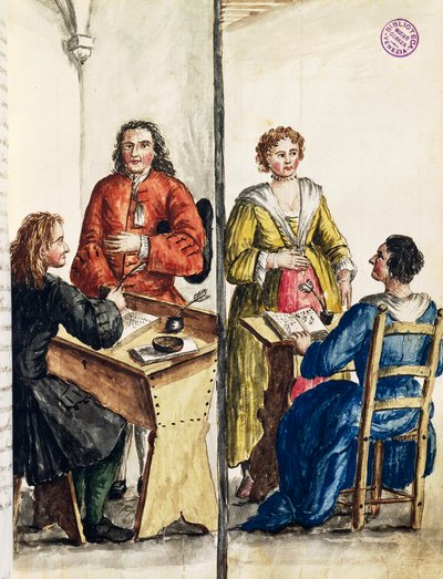 ヤン・グレーベンブルック（1731-1807）の「ヴェネツィア衣装図鑑」の挿絵「結婚相談所」、水彩画、イタリア 作： Jan van Grevenbroeck