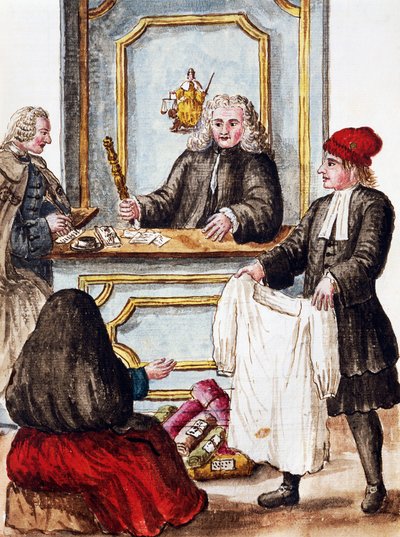 質屋、ヤン・グレーベンブルック（1731-1807）の『ヴェネツィア衣装図鑑』の挿絵、水彩、イタリア 作： Jan van Grevenbroeck