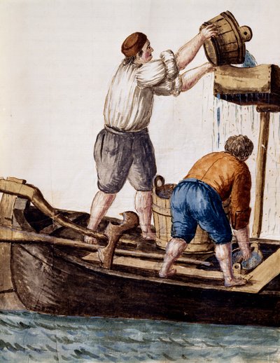 失われたものを求めて運河の水をかき分けるヤン・グレーベンブルック（1731-1807）の『ヴェネツィア衣装図鑑』の挿絵、水彩、イタリア 作： Jan van Grevenbroeck