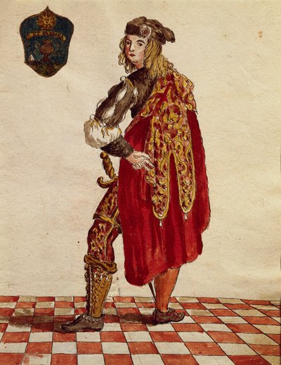 1564年のカルサ・コンフラタニティ（ストッキング）の騎士のスーツ、ヤン・ファン・グレーベンブロークまたはジョヴァンニ・グレーベンブローク（1731-1807）作、『Gli Abiti de Veneziani』、コスチューム図鑑より、水彩画 作： Jan van Grevenbroeck