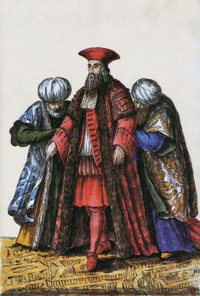 ヴェネツィア共和国大使とコンスタンチノープル（ペンとインク、紙のトイレ） 作： Jan van Grevenbroeck
