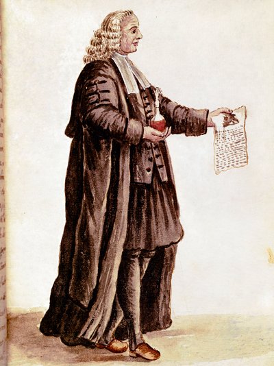 薬屋が小瓶と処方箋を手にしている様子 Jan van Grevenbroeck (or Giovanni Grevembroch (Grevenbroch)) (1731-1807)の手稿を水彩とインクで描いたもの。 作： Jan van Grevenbroeck