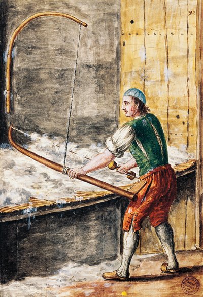 綿紡ぎ機、ヤン・グレーベンブルック（1731-1807）の「ヴェネツィア衣装図鑑」の挿絵、水彩、イタリア 作： Jan van Grevenbroeck