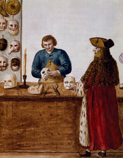 仮面の店、イタリアのヴェネチア衣装図鑑のイラスト 作： Jan van Grevenbroeck