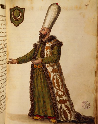 ヴェネツィアのトルコ大使、Giovanni di Grevembrochによる彩色彫刻、『Gli abiti de veneziani（ヴェネツィア人の衣装）』第2巻、プレート121より。 作： Jan van Grevenbroeck