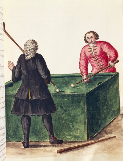ビリヤードをする二人のヴェネツィア貴族、ヤン・グレーベンブルック（1731-1807）作、エングレーヴィング、イタリア 作： Jan van Grevenbroeck