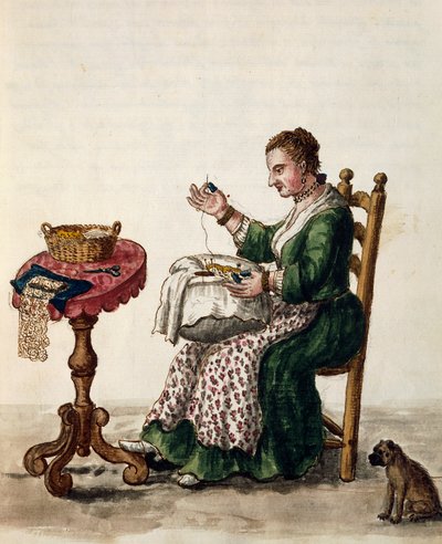 アリア・ニードル・レースのプントを作る女性 1754年頃 ヤン・グレーベンブルック（1731-1807）作『ヴェネツィア衣装図鑑』第3巻c147の挿絵 イタリア、水彩画 作： Jan van Grevenbroeck