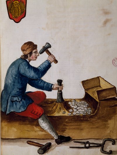 造幣局で働く人、ヤン・グレーベンブルック（1731-1807）の『ヴェネツィア衣装図鑑』の挿絵、水彩、イタリア 作： Jan van Grevenbroeck