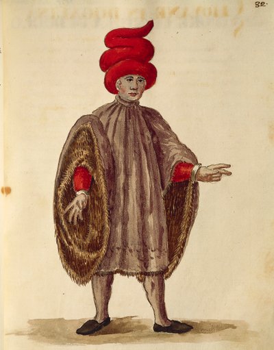 ヤン・ファン・グレーベンブロークまたはジョヴァンニ・グレーベンブローク（1731-1807）作、『Gli Abiti de Veneziani』、衣装図鑑より、「ドガリーナ」を着る若い男性、水彩画 作： Jan van Grevenbroeck